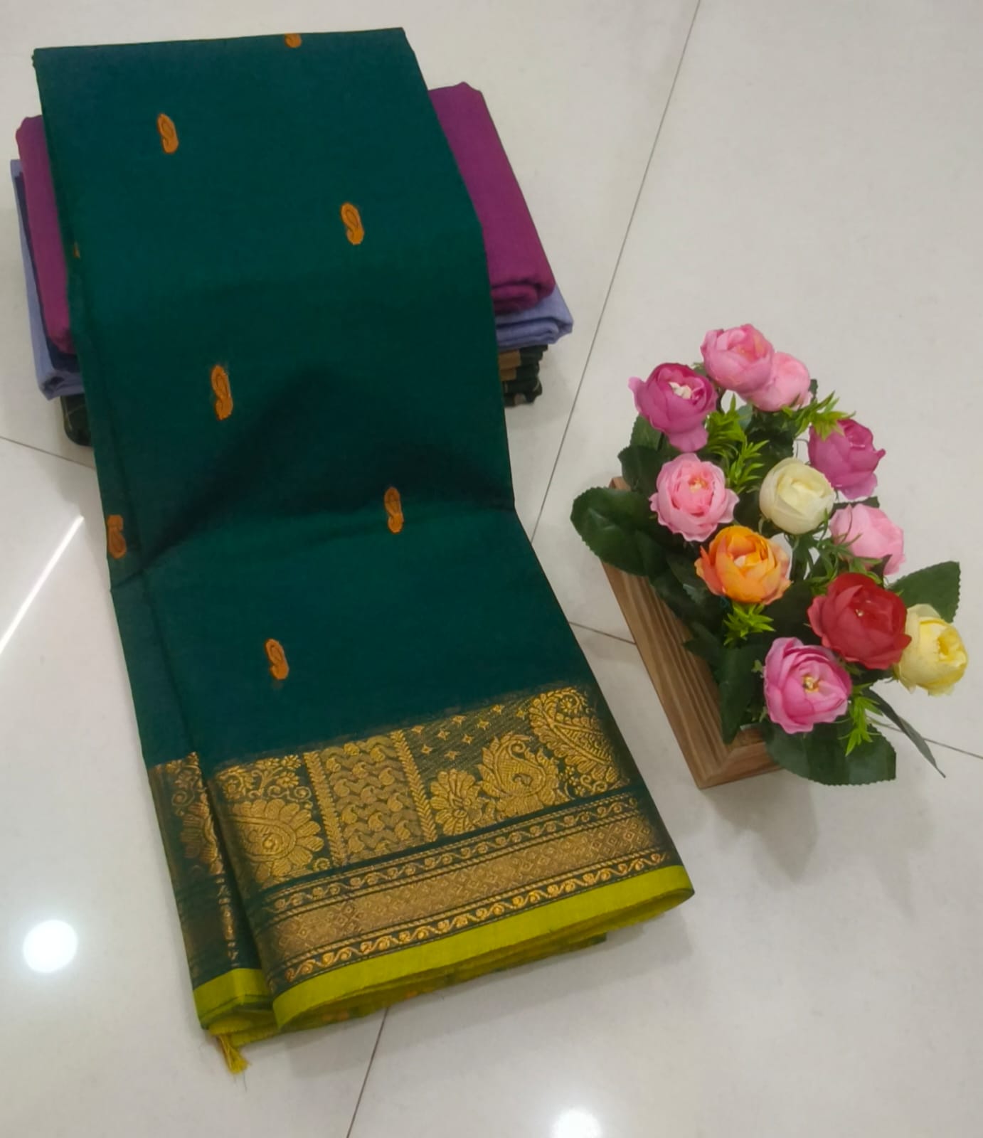 Deep Green Kanchi Cotton Saree with Lime Green Zari Border